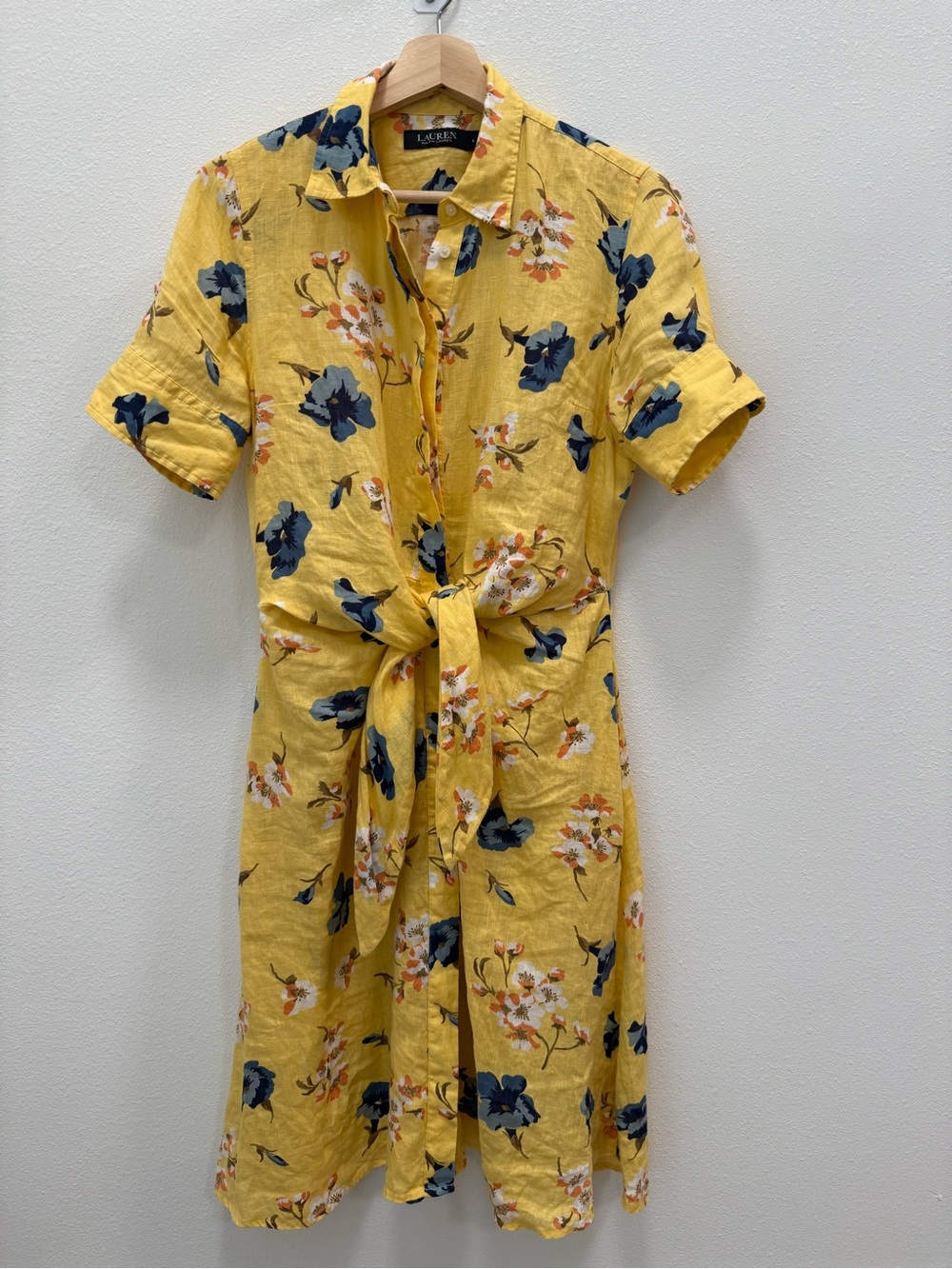 Ralph Lauren Yellow Floral Tie-Waist Shirt Linen Dress